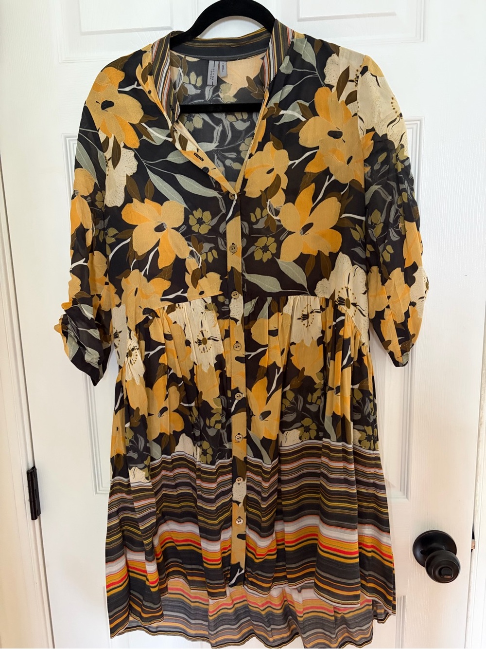 Anthropologie Blink London Floral Button-Front Womens Dress in Mustard and Black